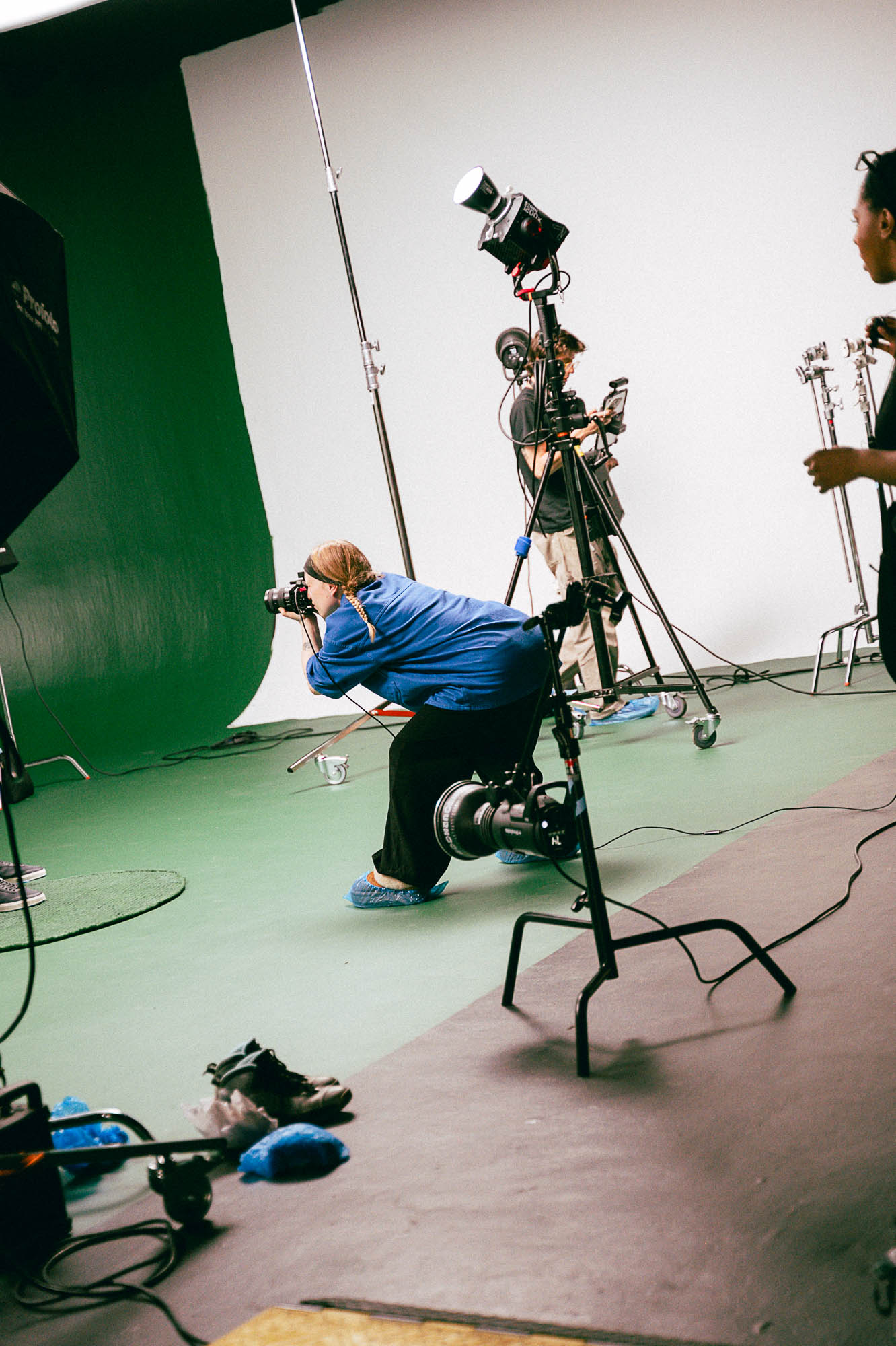 Professional lighting setup for commercial video shoot